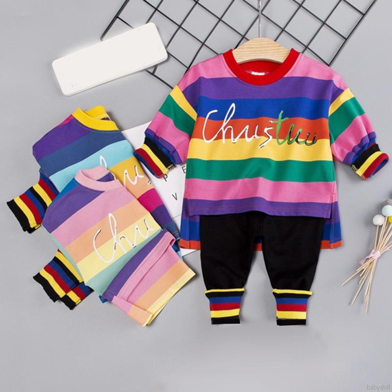 Set áo thun cổ tròn dài tay in hình cầu vồng + quần ngắn cho bé gái