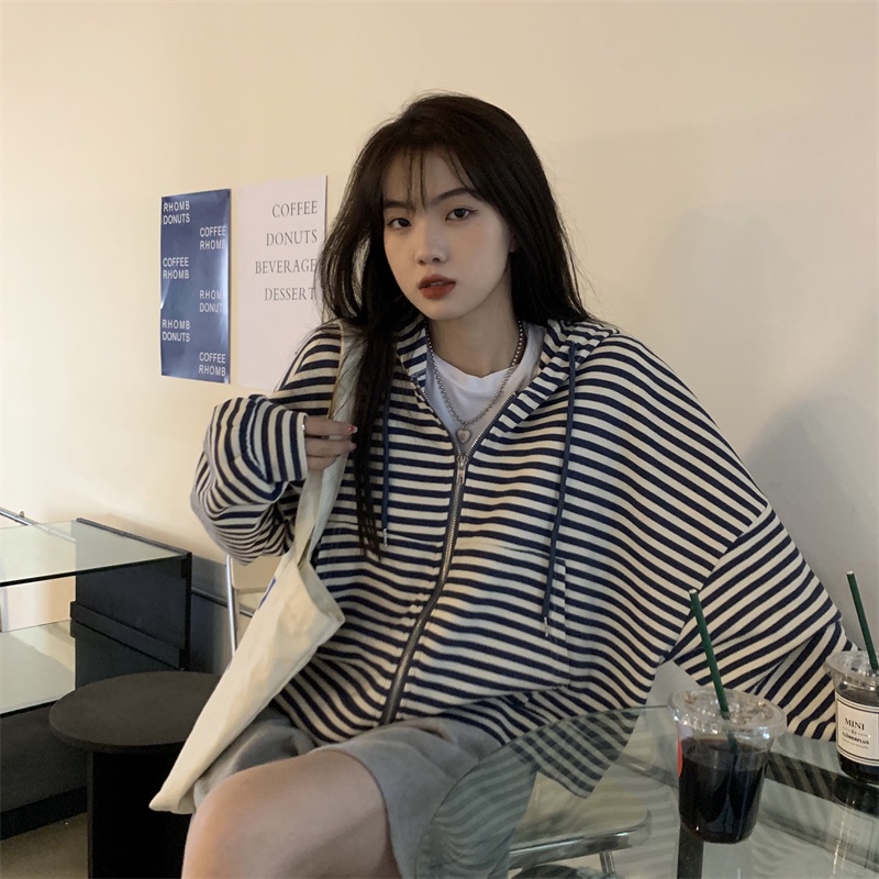 Xiaozhainv Áo Khoác Có Mũ Trùm Tay Dài Dáng Rộng Kẻ Sọc Thời Trang Hàn Quốc Cho Nữ | BigBuy360 - bigbuy360.vn