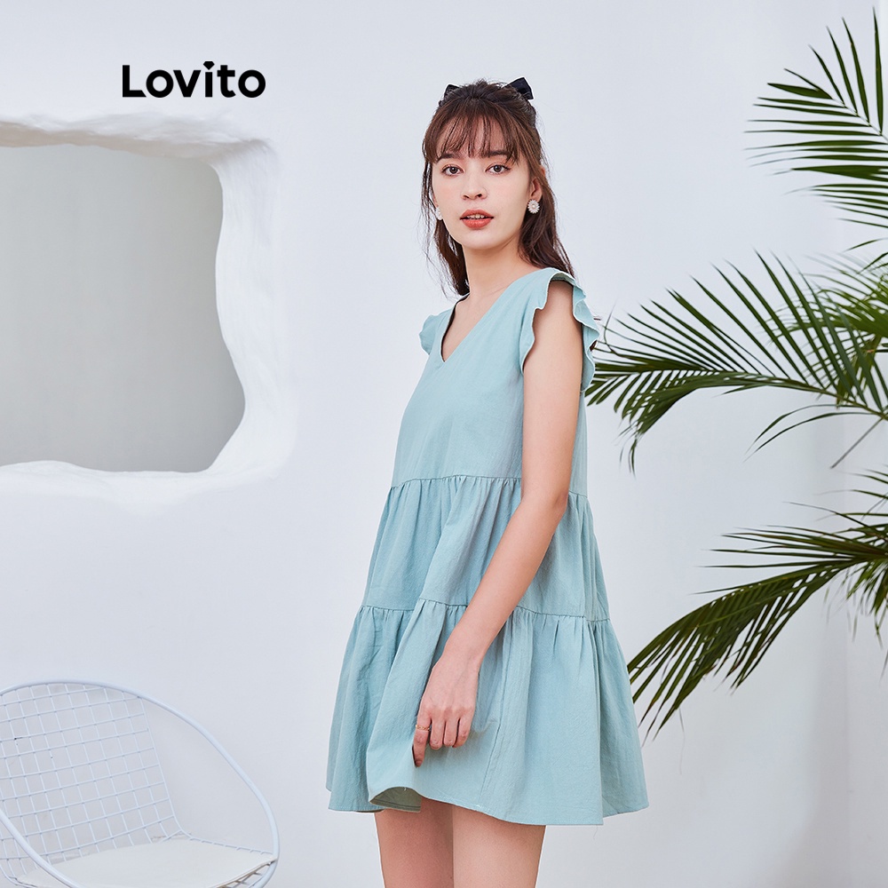 Đầm mini Lovito dáng chữ A cổ chữ V dáng rộng viền xếp nếp dễ thương màu trơn giản dị DRLQFSP2075 (xanh lá)