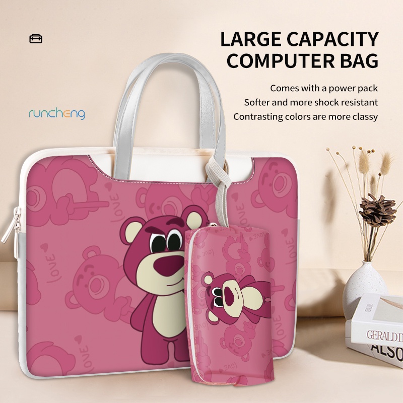 ☆Gói Điện Miễn Phí ☆Túi Đựng laptop Chất Liệu PU Chống Thấm Nước Họa Tiết Gấu Và Dâu Tây Kích Thước 12 13 14 15.6 17.3 inch