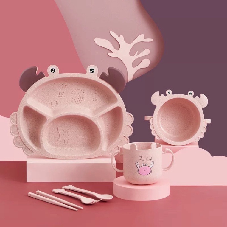 Khay ăn dặm hình cua FREESHIPKhay ăn dặm lúa mạch kiểu nhật kèm Cốc, bát hình cua cute cao cấp an toàn