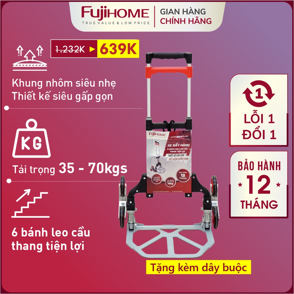 Xe kéo hàng leo cầu thang 6 bánh Nhập Khẩu Nhật Bản Fujihome 70kg, xe đẩy leo cầu thang gấp gọn đa năng siêu thị