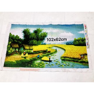 tranh thêu thành phẩm làng quê việt nam gặt lúa