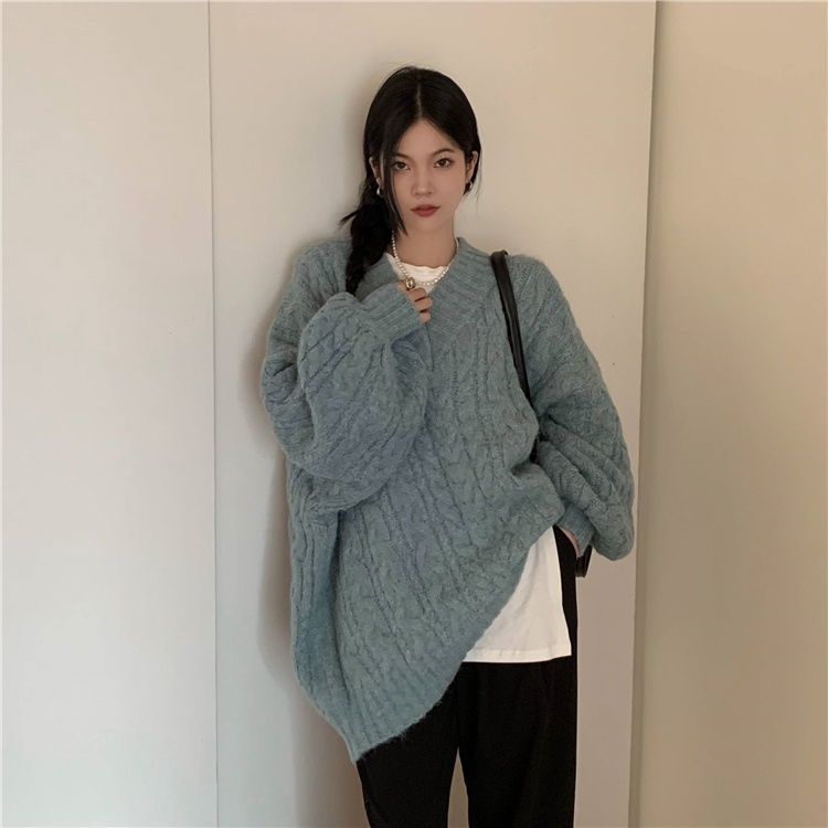 Áo len cổ chữ V dáng rộng thời trang thu đông mới
