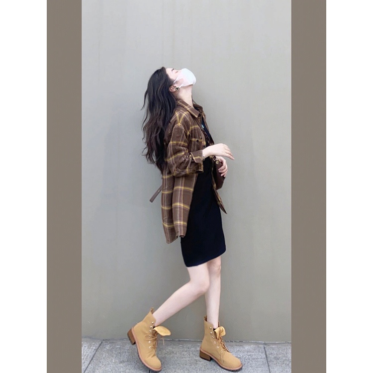 Set Áo Sơ Mi Tay Dài Kẻ Sọc Caro Phối Đầm Midi Thời Trang Mùa Thu Cho Nữ