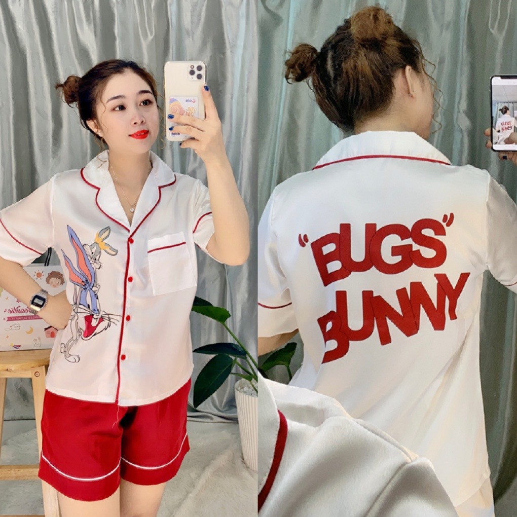 ĐỒ BỘ MẶC NHÀ LỤA SATIN IN HÌNH THIẾT KẾ TAY NGẤN QUẦN NGẮN