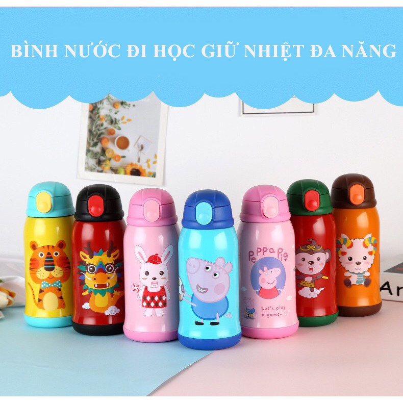 Bình đựng nước uống 600ml cho bé đi học - giữ nhiệt 12 giờ và có ống hút (Tặng kèm túi vải)