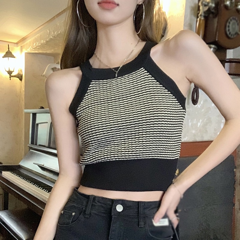 Áo Lửng Hai Dây Dệt Kim Kẻ Sọc Màu Sắc Gợi Cảm Thời Trang Mùa Hè Hàn Quốc Cho Nữ