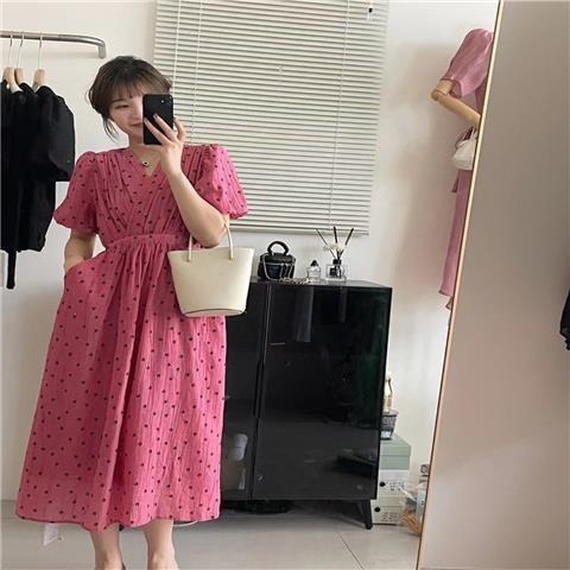 Đầm Voan Tay Ngắn Phồng Cổ Chữ V Nhấn Eo In Họa Tiết Thời Trang Mùa Hè Kiểu Pháp 2022 Mới