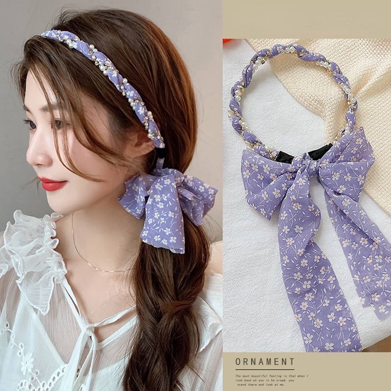 Băng Đô Vải Voan Thắt Nơ In Họa Tiết Đính Ngọc Trai Phong Cách vintage Thanh Lịch Dành Cho Nữ