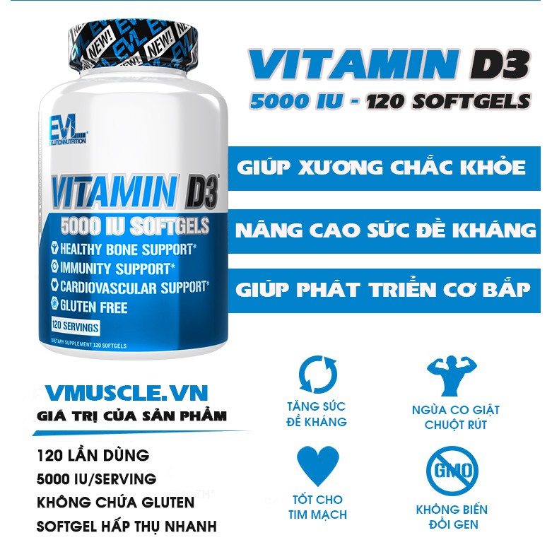 EVL Vitamin D3 5000 IU hỗ trợ nâng cao sức đề kháng (120 Lần dùng)