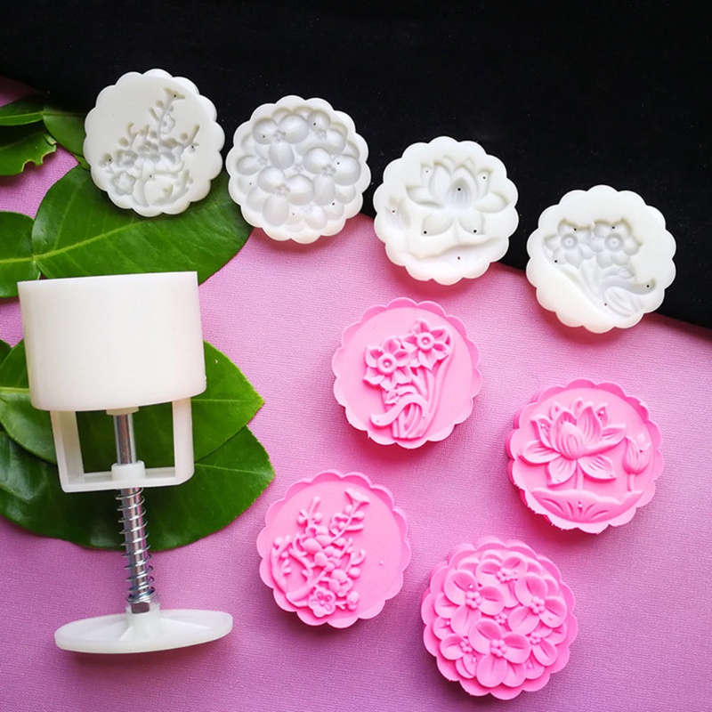 Khuôn Làm Bánh Trung Thu + 4 Con Dấu In Hình Hoa Tiện Dụng Va 75g