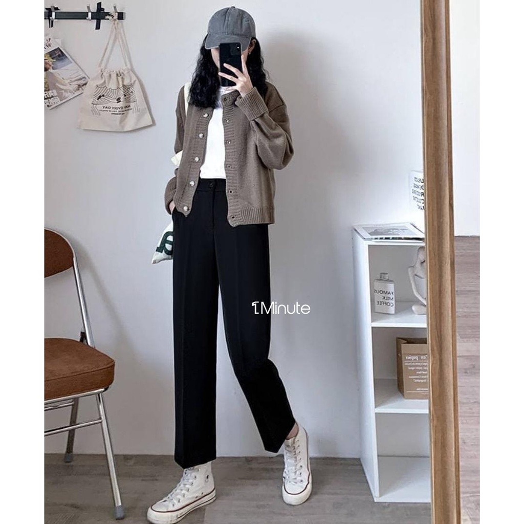Quần đen ống rộng dài Ulzzang  - quần tây ống suông rộng culottes học sinh 1Minute