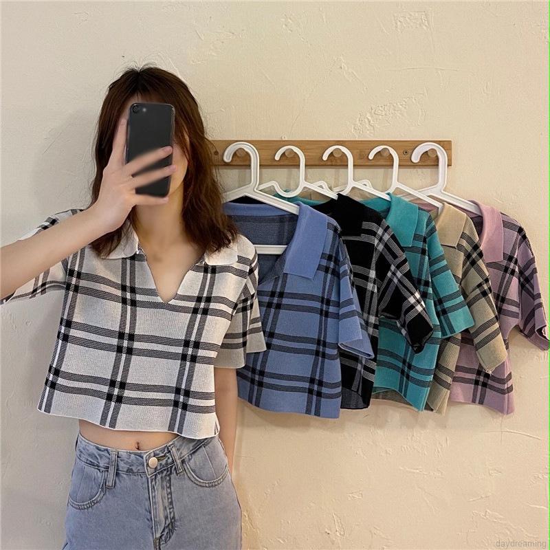 Áo croptop dệt kim tay ngắn cổ chữ v thiết kế dáng rộng thoải mái