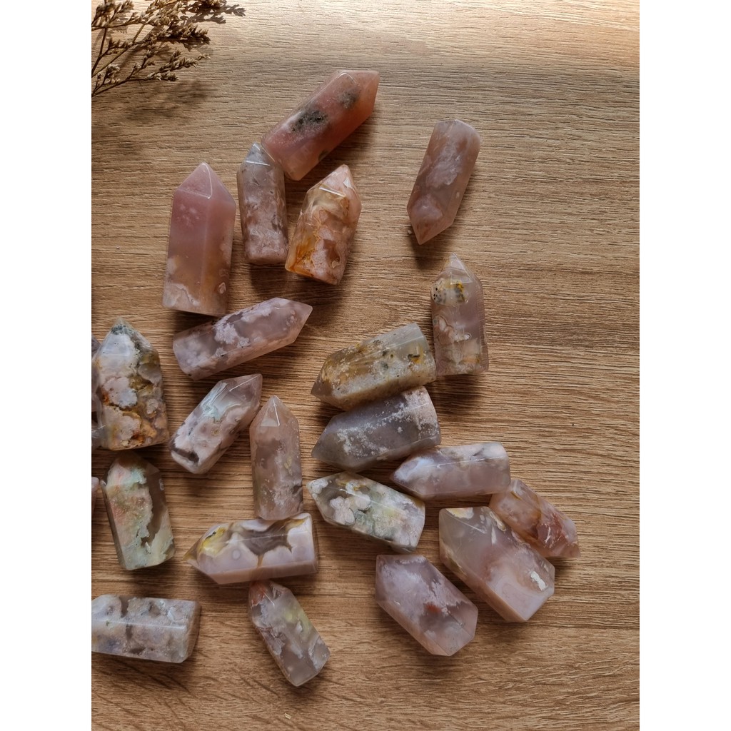 Trụ mã não hoa anh đào mini (Blossom Agate), dùng thanh tẩy trong Tarot, Reiki, thiền định, trụ phong thủy