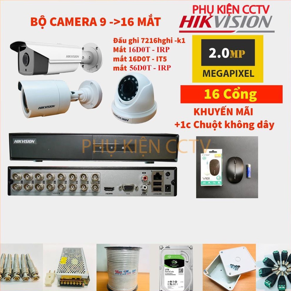 Trọn Bộ Camera 9&gt;16 Mắt 2Mp Hikvision Chính Hãng, Ổ Cứng Tùy Chọn