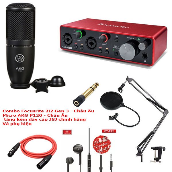 Combo sound card Focusrite scarlett 2i2 Gen 3, micro AKG P120 và phụ kiện