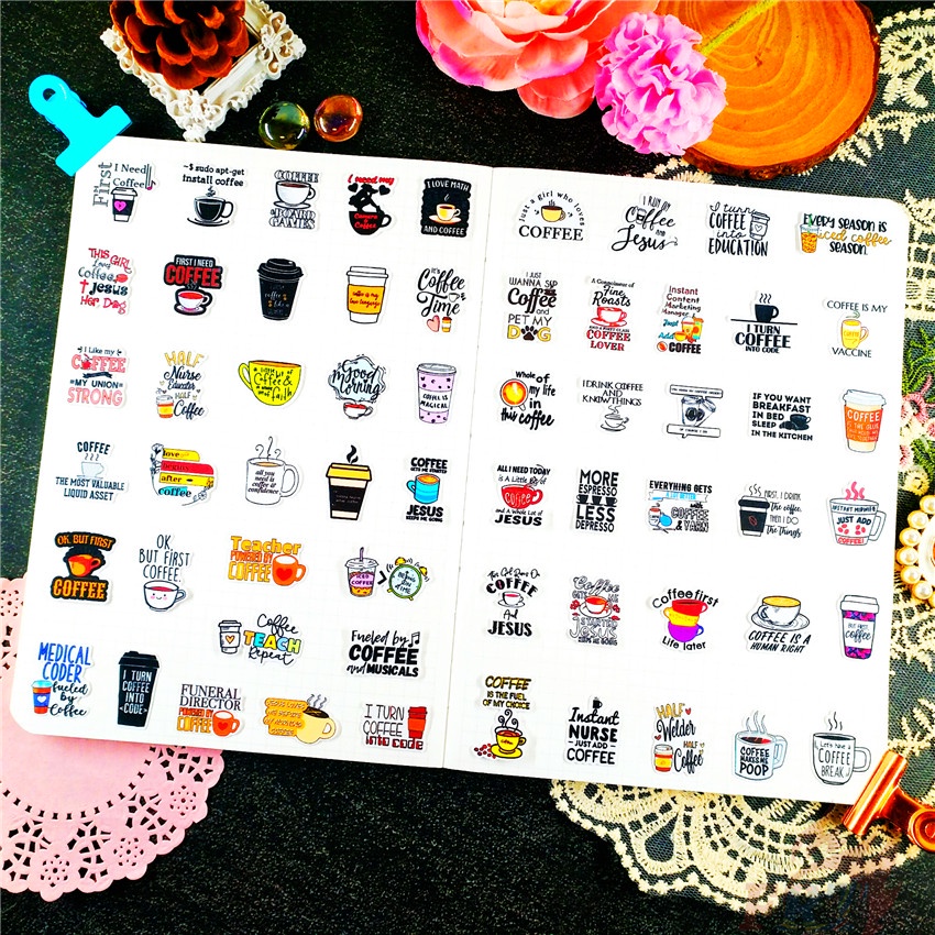 ★★★ Sticker Dán Trang Trí Nhật Ký Hình Coffee Q-1 Slang Mini ★★★ 60 Miếng Dán Trang Trí Album Thời Trang (Size: 2~3cm)