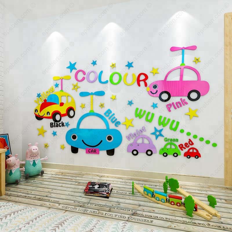 Tranh dán tường mica 3d decor khổ lớn đội xe hơi sắc màu trang trí mầm non, phòng cho bé Nhiều Size - EPeBen