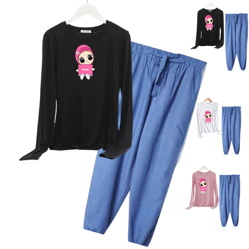 Set Áo Thun Ngắn Tay Cổ Tròn + Quần Jeans Dài Phối Màu Dễ Thương Cho Nữ
