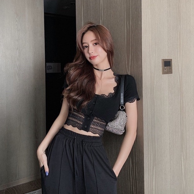 Porozi  Áo Thun Tay Ngắn Phối Ren Phong Cách Hàn Quốc