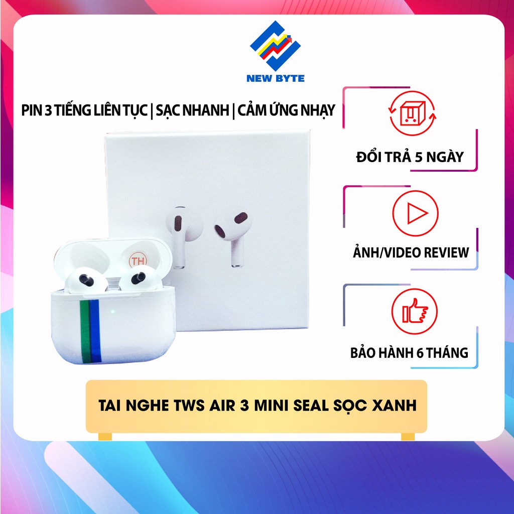 Tai nghe bluetooth nhét tai TWS Pro 6s sọc xanh, tai nghe không dây in ear pin 3 tiếng liên tục