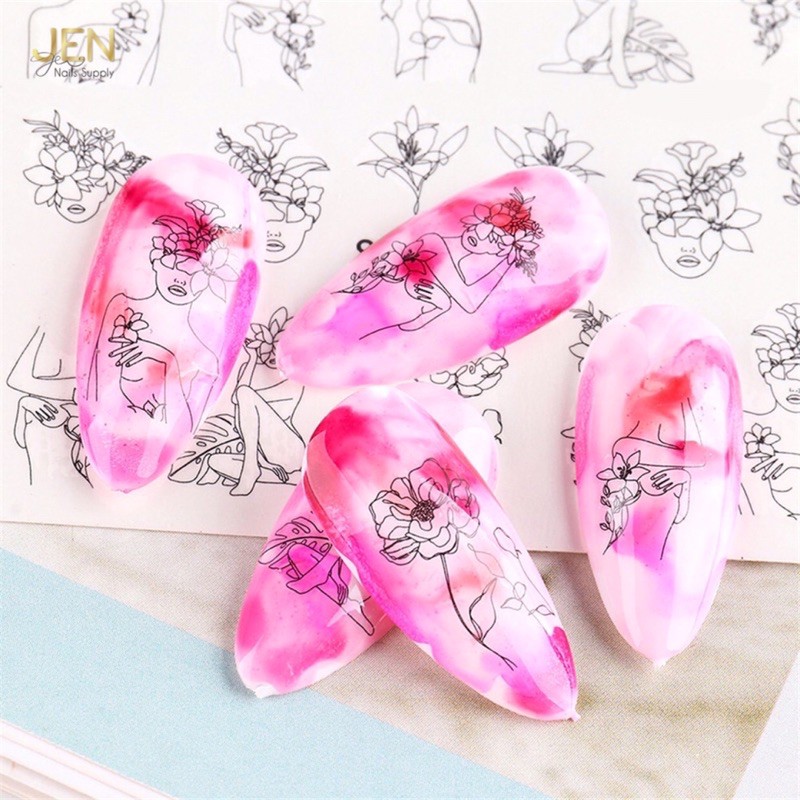 Sticker nước dán móng vẽ nét-Set 4 tấm