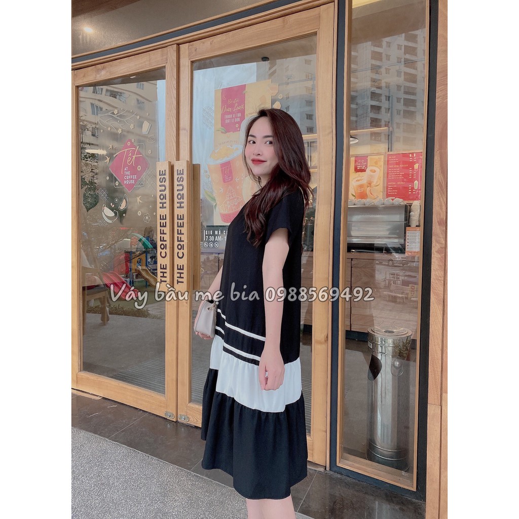 Váy bầu bigsize -Đầm bầu thiết kế GuMe màu đen đuôi cá 3 tầng phối trắng nhẹ nhàng chất vải sạn lụa sz từ 40-100kg MB63