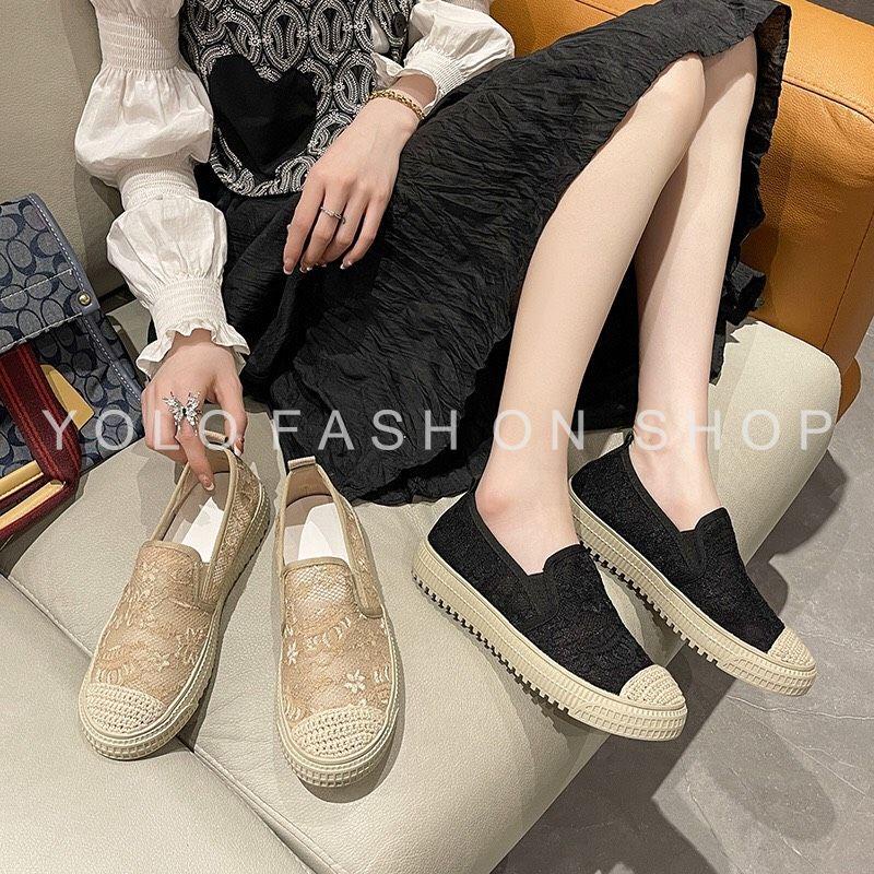 Giày lười slip on nữ dáng basic phối ren vintage siêu mềm êm chân hàng cao cấp chuẩn đẹp-GL25