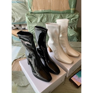 Bốt Nữ Boot Da Bóng Gót Vuông Kẻ Vằn 7cm