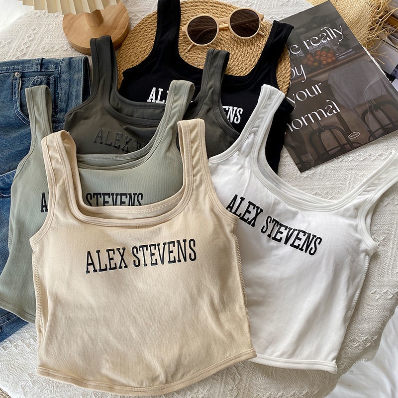 Áo Hai Dây Mỏng Dáng Ngắn In Chữ Thời Trang Trẻ Trung