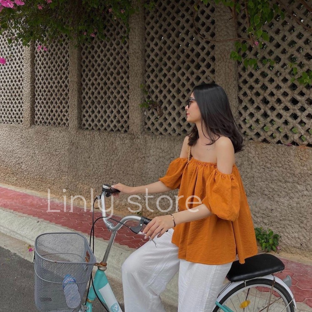 Áo trễ vai tay bồng - kiểu nữ chất đũi, tay 2 lớp A-TV