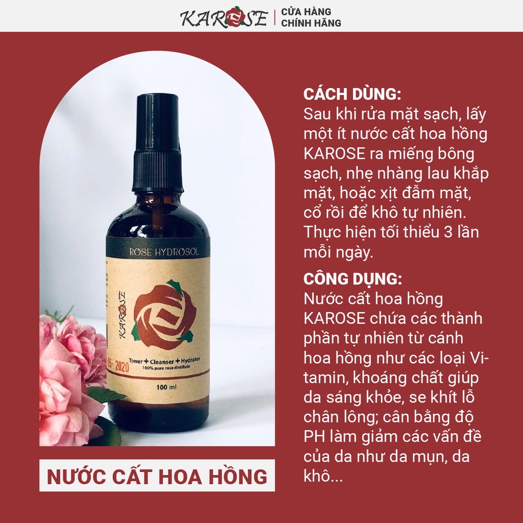 (DATE MỚI NHẤT, 100ml) Nước hoa hồng Karose Hydrosol toner 100% nguyên chất, không gây kích ứng