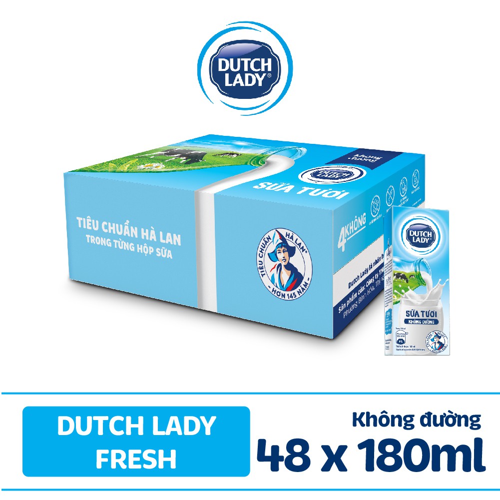 Thùng sữa tươi tiệt trùng Dutch Lady Fresh không đường 48x180ml