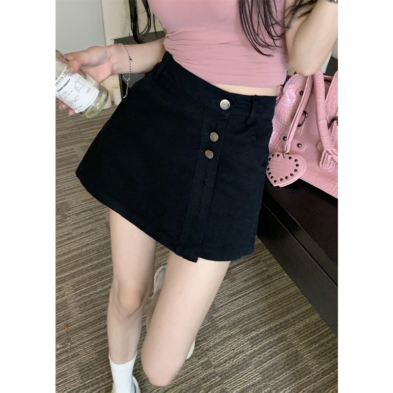 「 WELOVE1 」Chân Váy Denim Chữ A Lưng Cao Màu Đen Trơn Phong Cách Retro Thời Trang Mùa Hè Cho Nữ