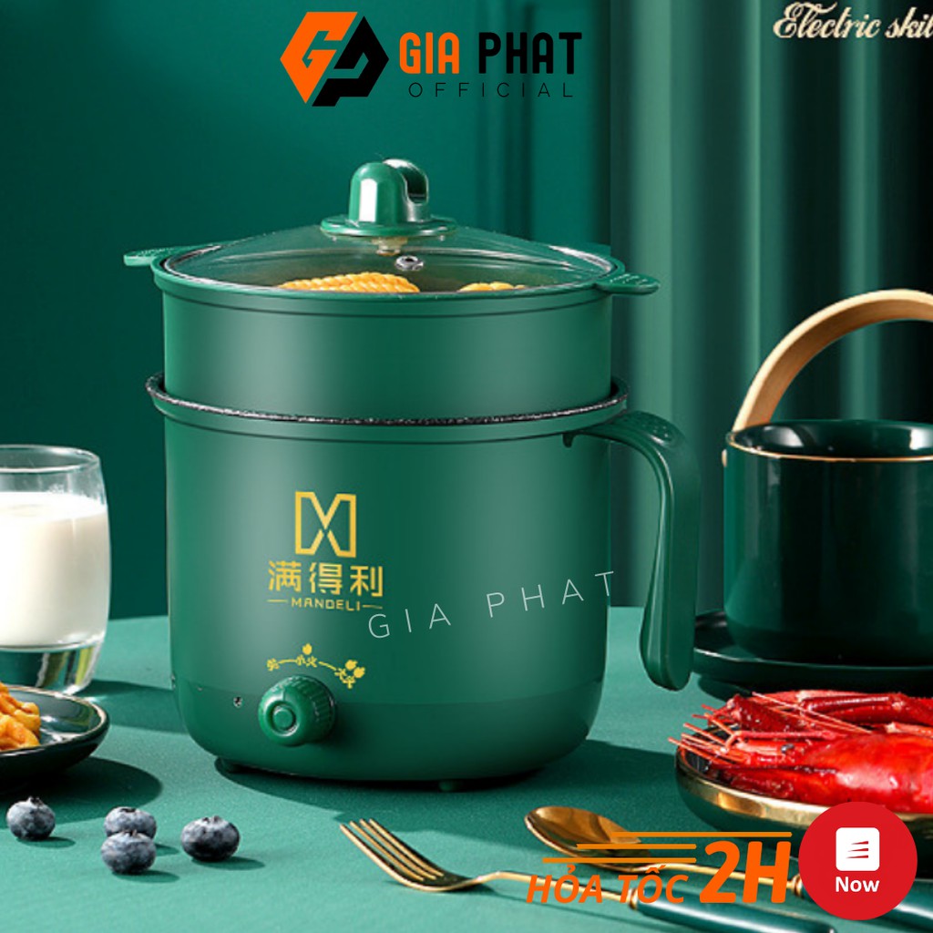 Nồi Lẩu Mini 2 Nấc Nhiệt Kèm Giá Hấp Có Tay Cầm Mẫu Mới 2021 - Ca Nấu Mì,Chiên,Sào Đa Năng Xanh Lục Bảo