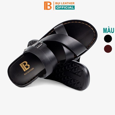 Dép nam quai ngang da bò Nappa cao cấp Bụi Leather E102, đế đúc nguyên khối khâu viền thủ công đi êm chân, BH 06 Tháng