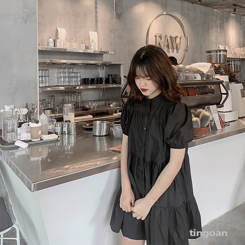 Váy babydoll xòe vai phồng 4 tầng cổ tàu chống nhăn đen tingoan BLOW ME DRESS/BL | BigBuy360 - bigbuy360.vn