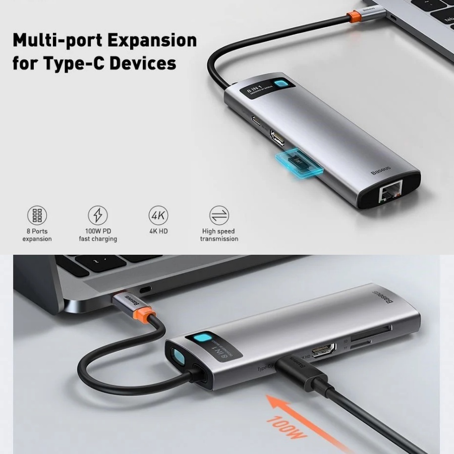 Hub Type C 8 in 1 cho Laptop Máy tính Macbook Baseus Cổng chuyển đa chức năng chia sang HDMI 4K/8K USB3.0- LVM001