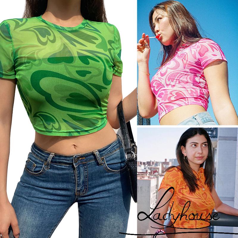 Áo croptop tay ngắn cổ tròn in họa tiết trái tim thời trang xuân hè cho nữ