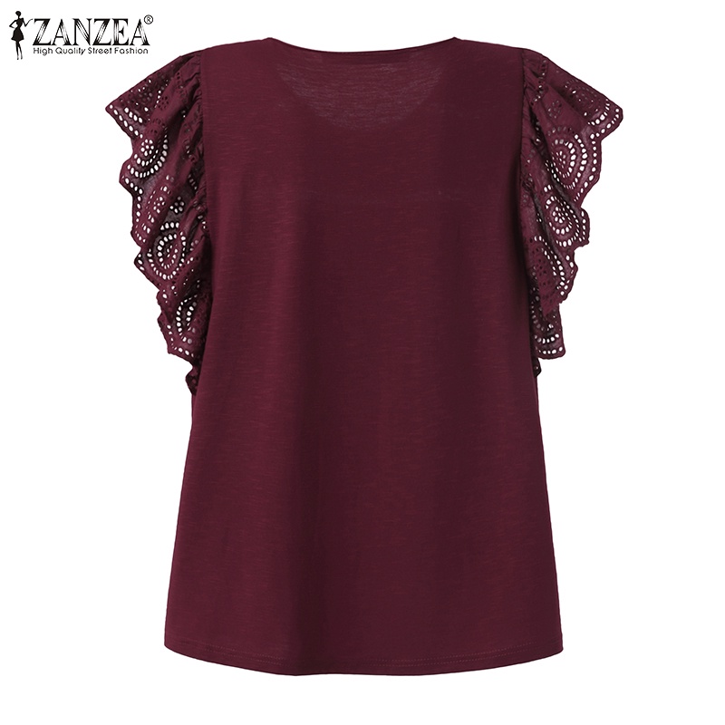 Zanzea Áo Kiểu Nữ Cổ Tròn Tay Ngắn Phối Ren Thời Trang