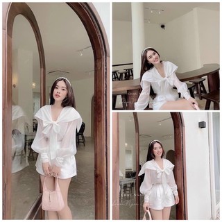 Set áo voan tơ trắng nơ cổ + Short (XẢ KHO KÈM ẢNH THẬT 100)