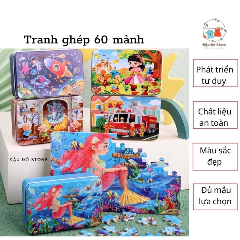 Tranh Ghép Hình Bằng Gỗ 60 Mảnh Hộp Sắt Cho bé 3-10 Tuổi - Đồ Chơi Giúp Phát Triển Tư Duy Toàn Diện