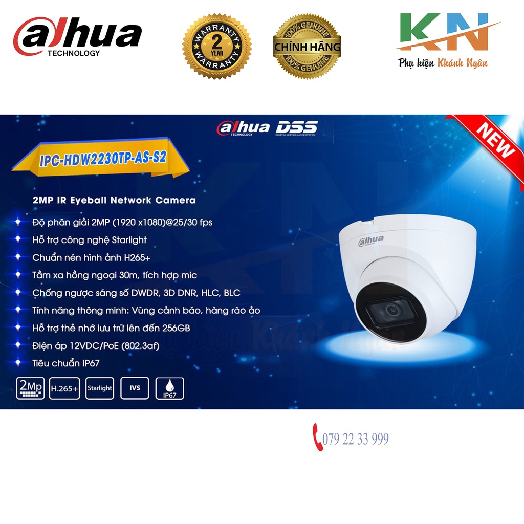 Camera IP Dahua IPC HDW 2230TP-AS Starlight 2.0 trợ sáng nơi có ánh sáng yếu. Chạy dây mạng và đầu ghi