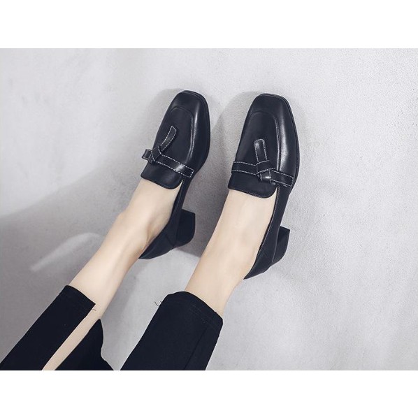 PAMELA  - Giày Loafer Nữ Mũi Vuông Phong Cách Hàn Quốc Phối Nơ Lệch 2021 (5cm) - Gi04