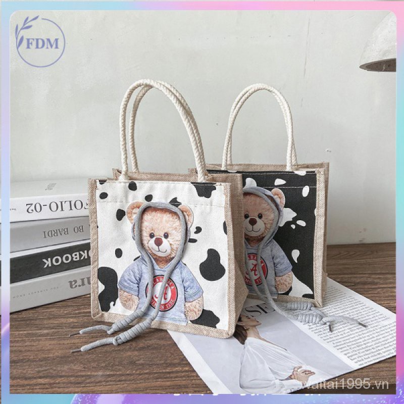 Túi xách tay bằng vải canvas in hình gấu dễ thương cho nữ