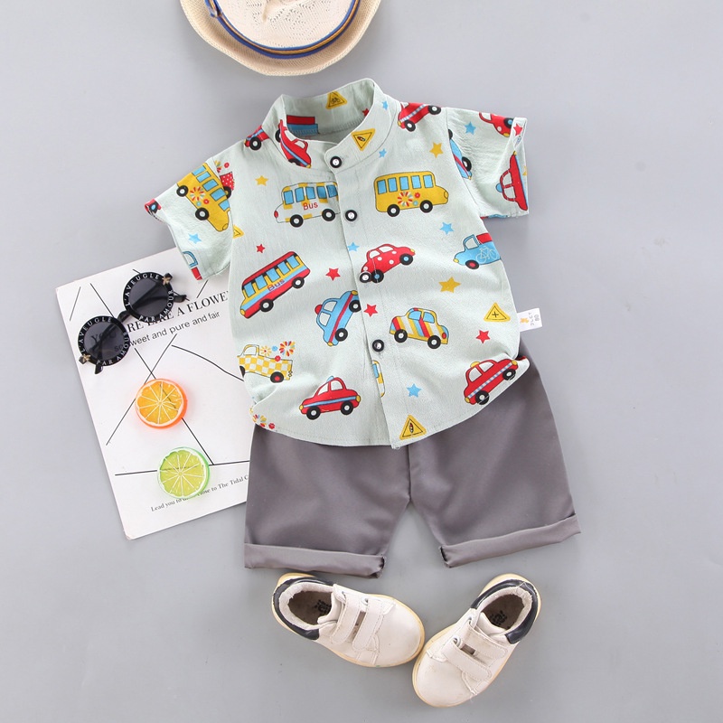 Trang phục  gồm áo thun tay ngắn in hình xe hơi hoạt hình và quần cho bé trai 0-4 tuổi
