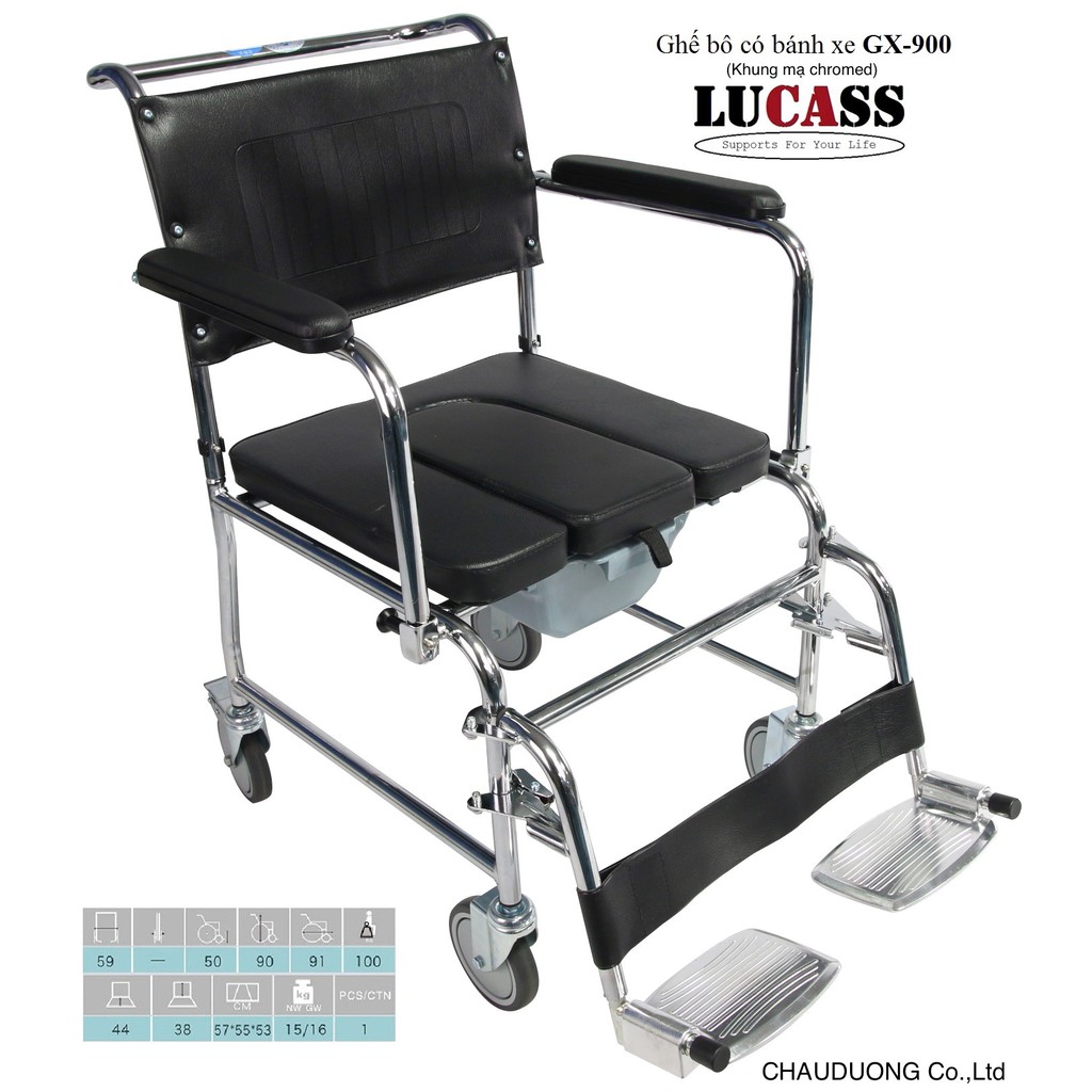 (Giao hàng luôn) Xe đẩy có bô, Ghế bô vệ sinh Lucass GX-900, có đệm da, bánh xe di chuyển, chỗ để chân cao cấp