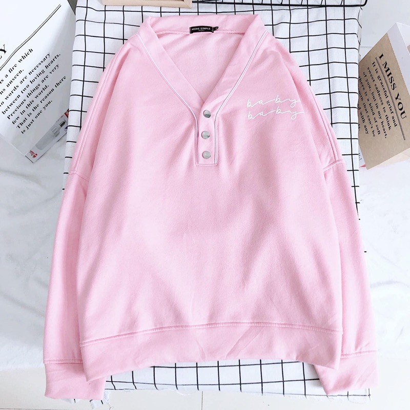 Áo Sweater Nỉ BABY Viền Cổ Phối Nút Form Rộng Ulzzang (Ảnh Thật)