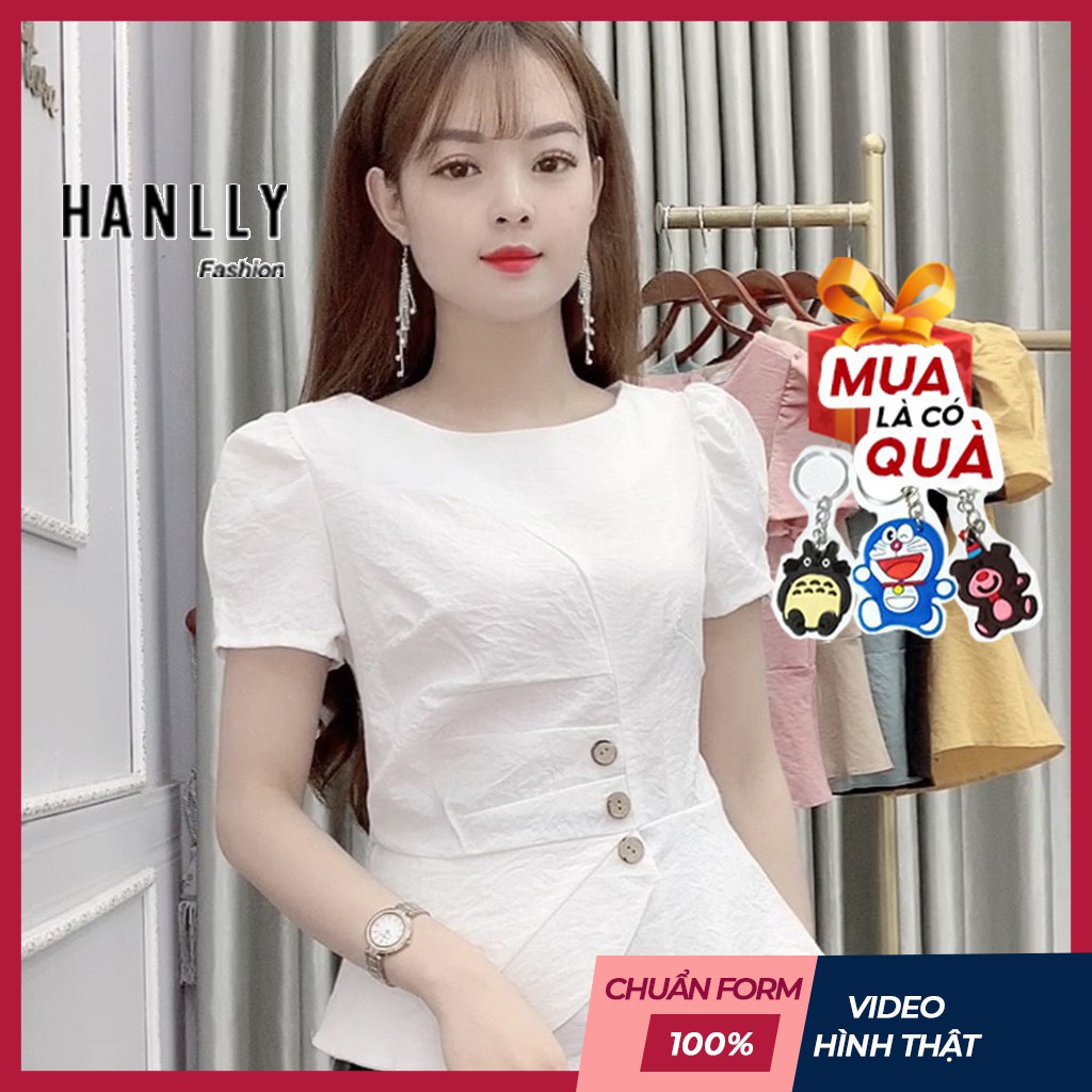 Áo Sơ Mi Nữ Kiểu Chất Đũi Công Sở Ngắn Tay Cổ Tròn - 6 Màu Trắng Vàng Đen Xanh Hồng Be - Hanlly Fashion Thời Trang - A13